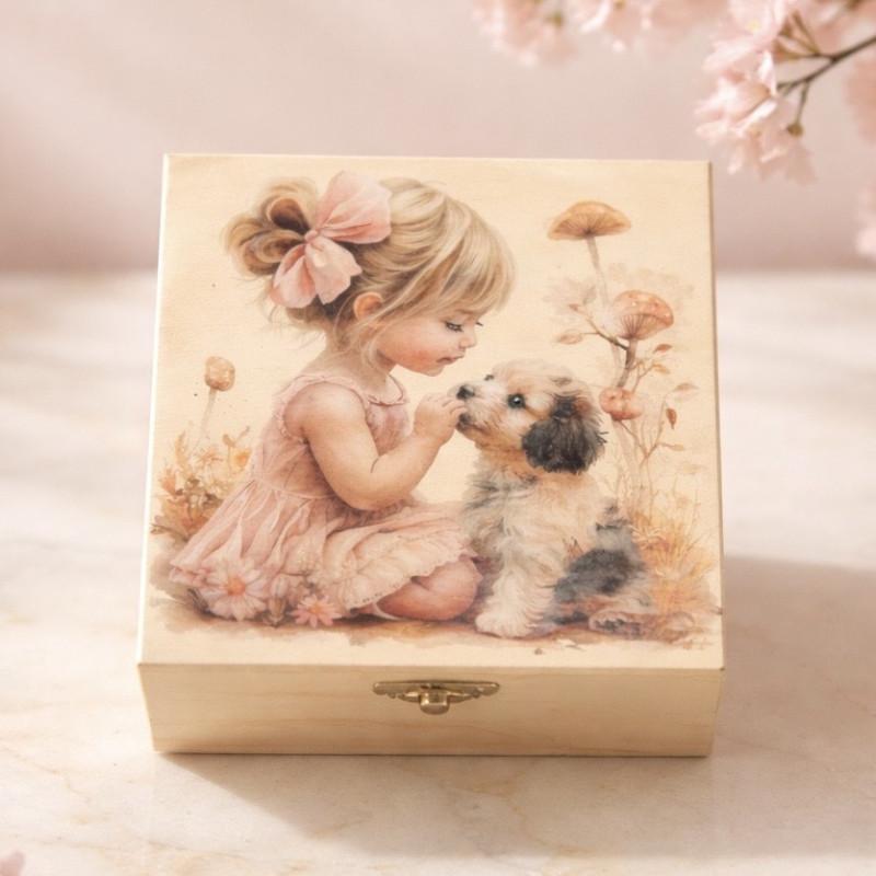 DREWNIANE PUDEŁKO Z DZIEWCZYNKĄ