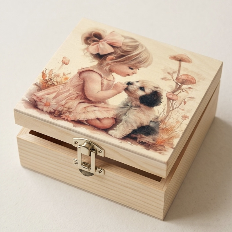 DREWNIANE PUDEŁKO Z DZIEWCZYNKĄ